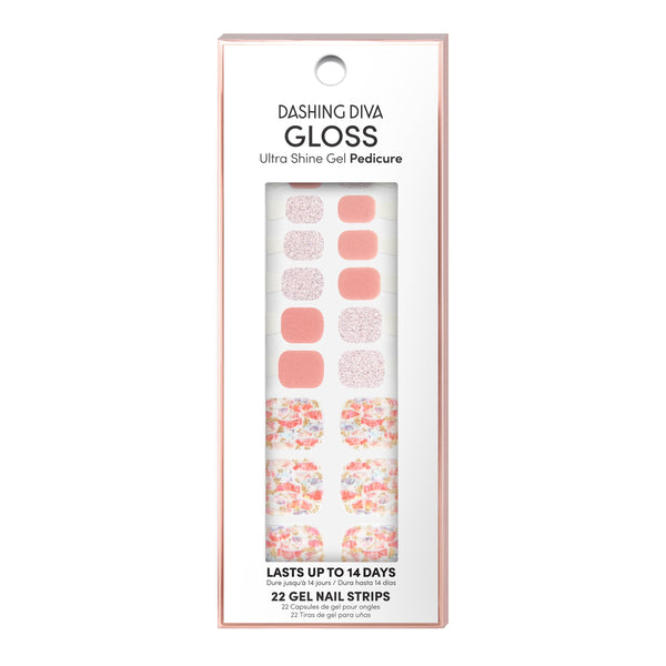 Dashing Diva GLOSS Pedicure coral gel pedi stirps with glittered baby pink accents mosaic print.
