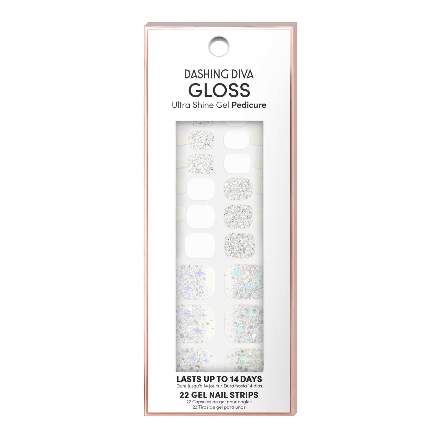Dashing Diva GLOSS Pedicure white and silver glitter gel pedi strips with sheer glitter accents.
