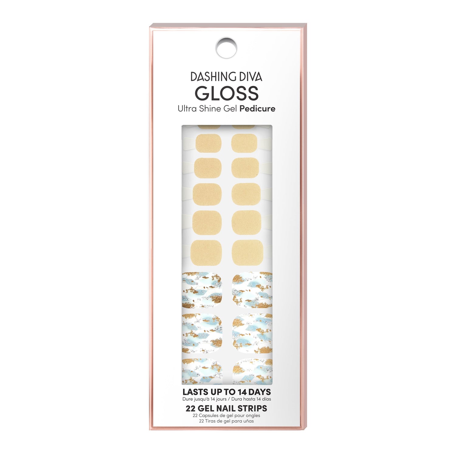 Dashing Diva GLOSS Pedicure gold glitter gel pedi strips with shattered glass accents.