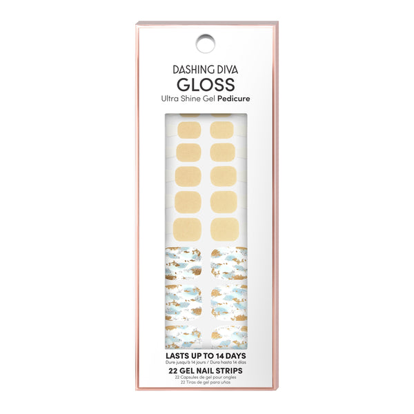 Dashing Diva GLOSS Pedicure gold glitter gel pedi strips with shattered glass accents.
