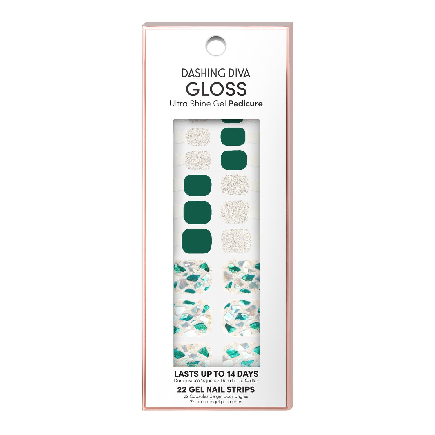Dashing Diva GLOSS Pedicure emerald green gel pedi strips with off-white silver glittered accent nails and shattered glass mosaic.