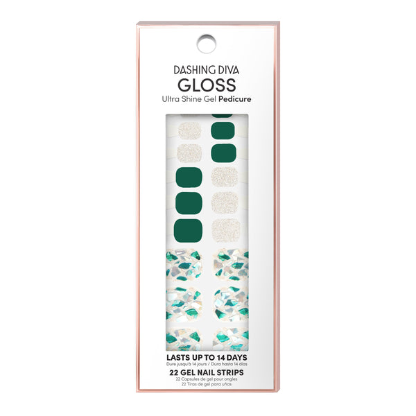 Dashing Diva GLOSS Pedicure emerald green gel pedi strips with off-white silver glittered accent nails and shattered glass mosaic.