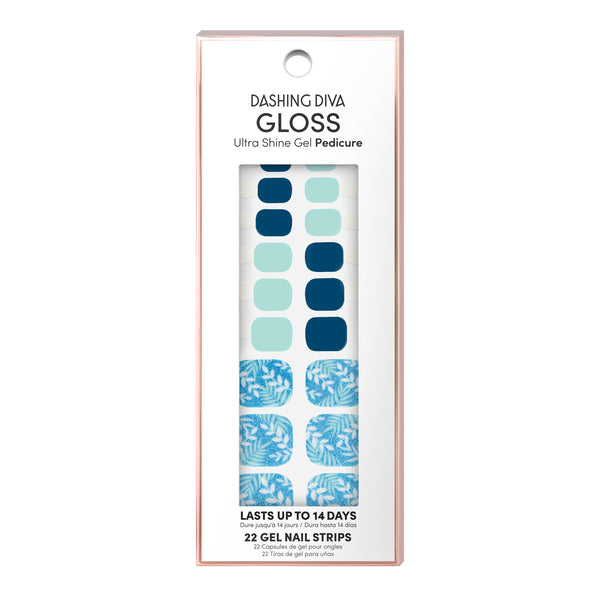Dashing Diva GLOSS Pedicure aqua and navy gel pedicure strips with palm print accents.