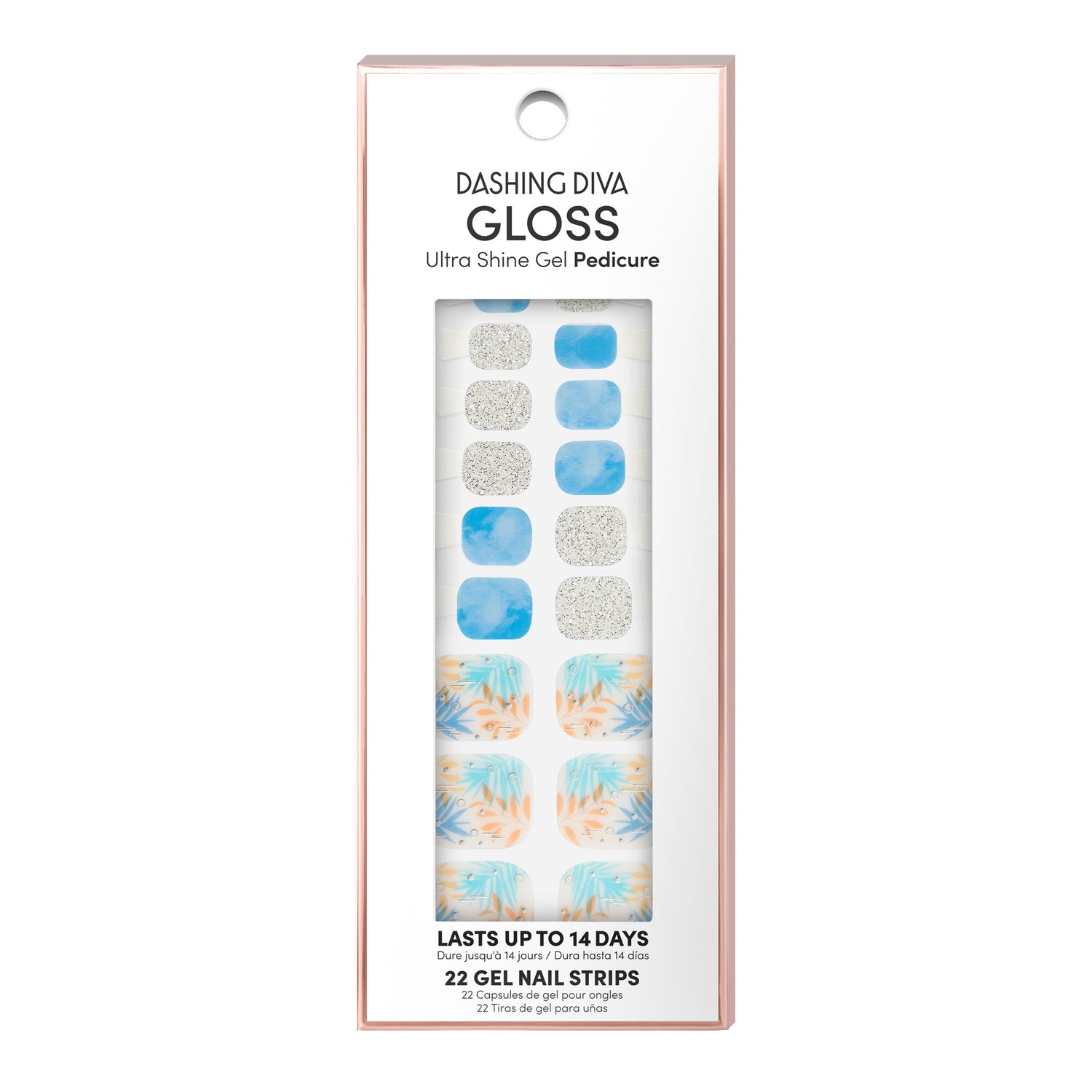 Dashing Diva GLOSS Pedicure blue and silver glitter gel pedi strips with multi color palm leaf print.
