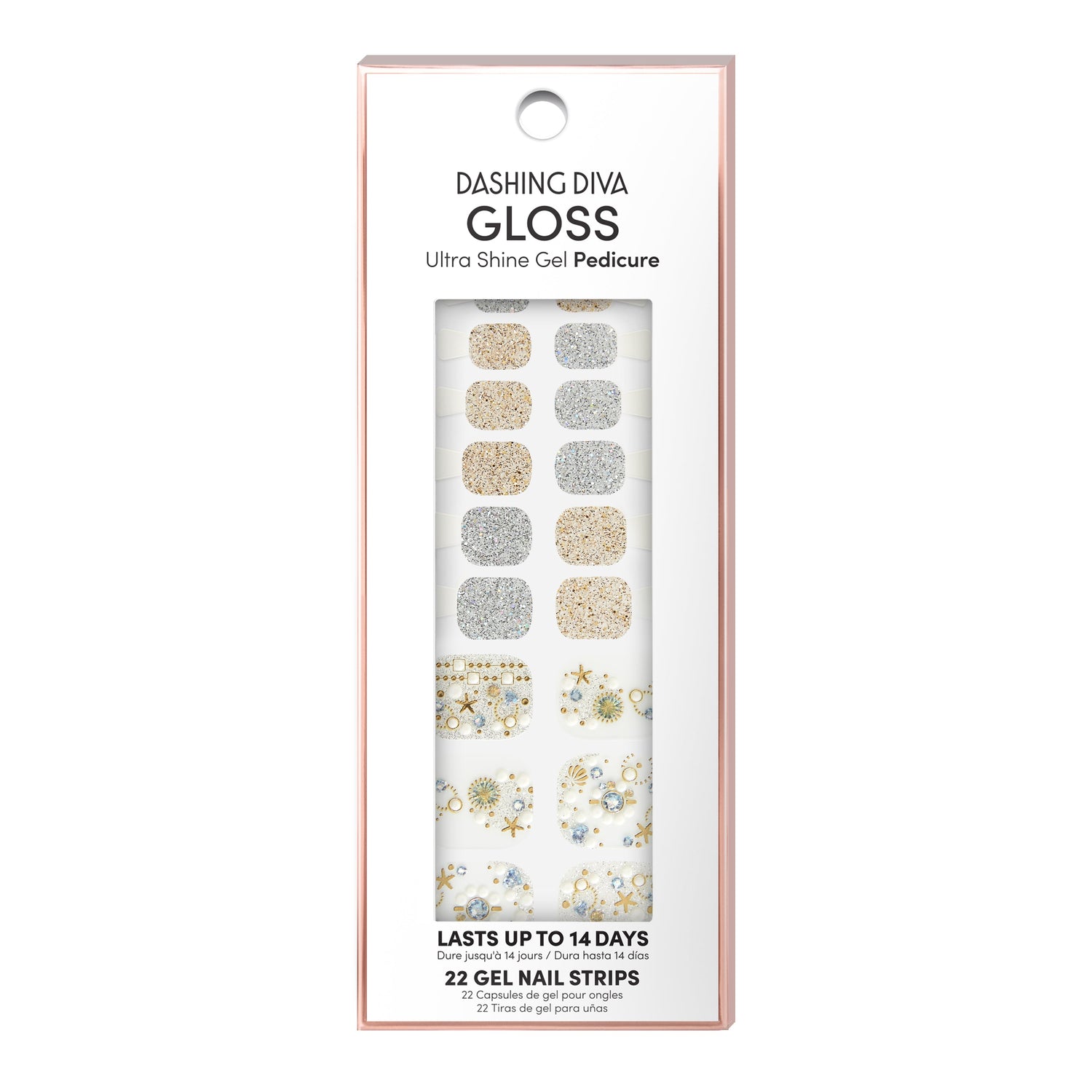 Dashing Diva GLOSS pedicure silver and gold glitter gel pedi strips with ocean and starfish accents.