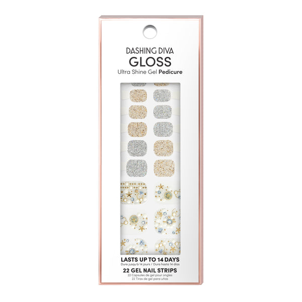 Dashing Diva GLOSS pedicure silver and gold glitter gel pedi strips with ocean and starfish accents.