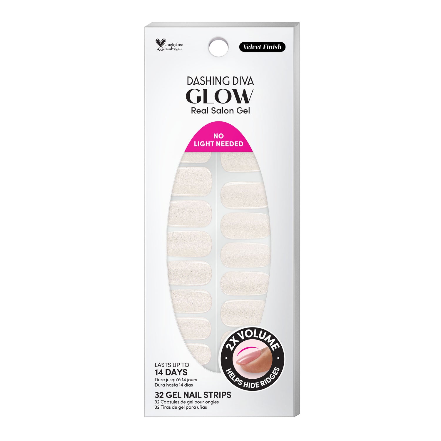 Light silver gel nail strips featuring velvet shimmer with a double gel formula for an ultra-smooth finish.