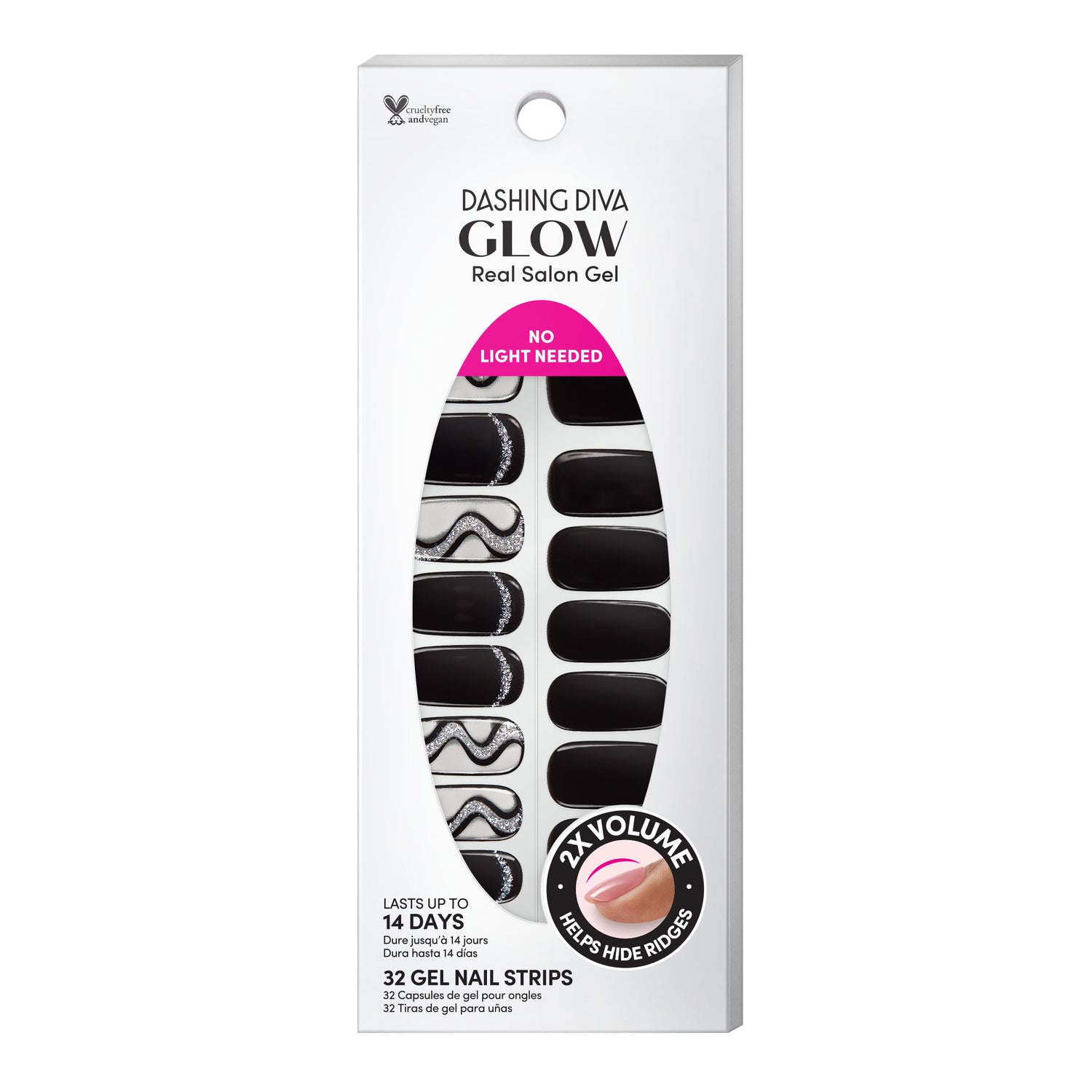 Stark black gel nail strips featuring silver glitter swirl accents 