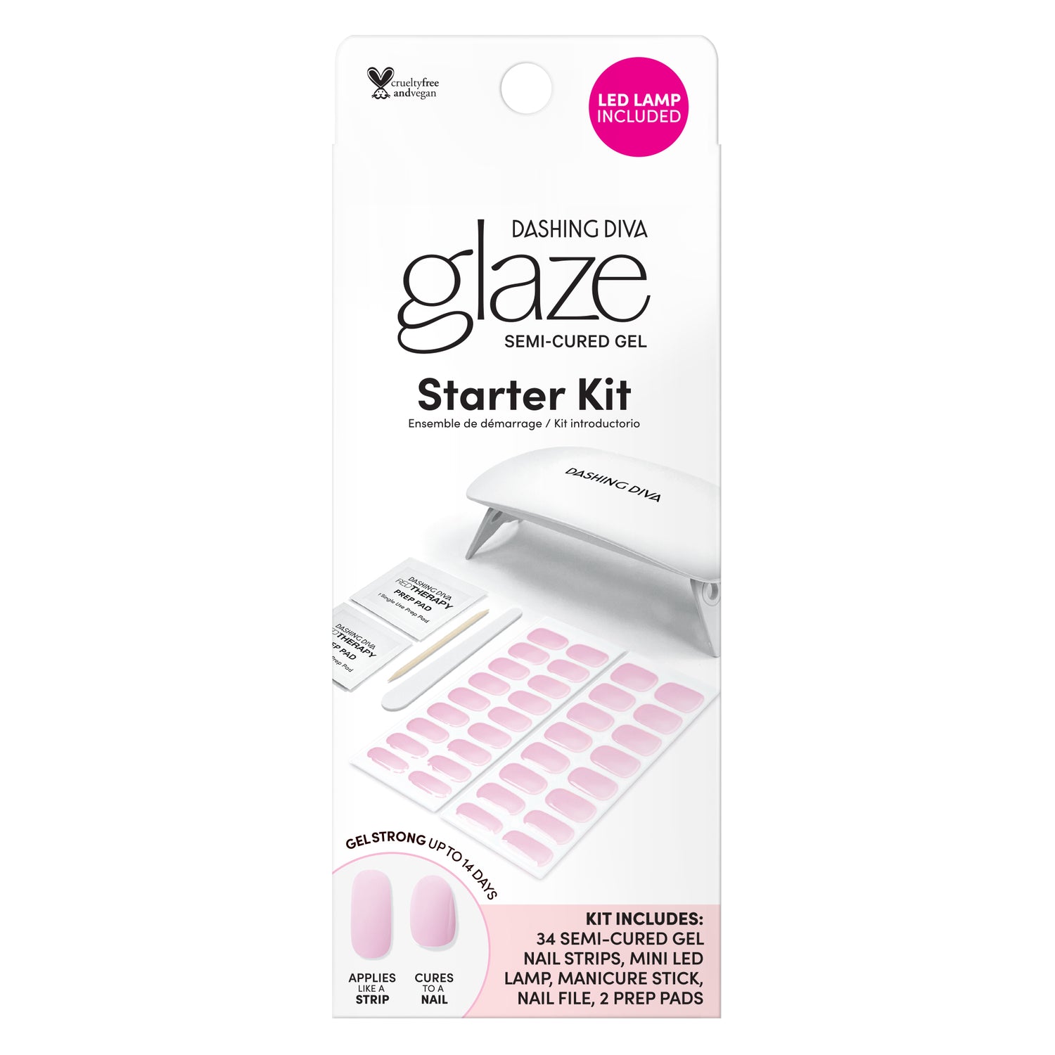 Dashing Diva GLAZE baby pink gel nail strip starter kit. LED mini lamp included.