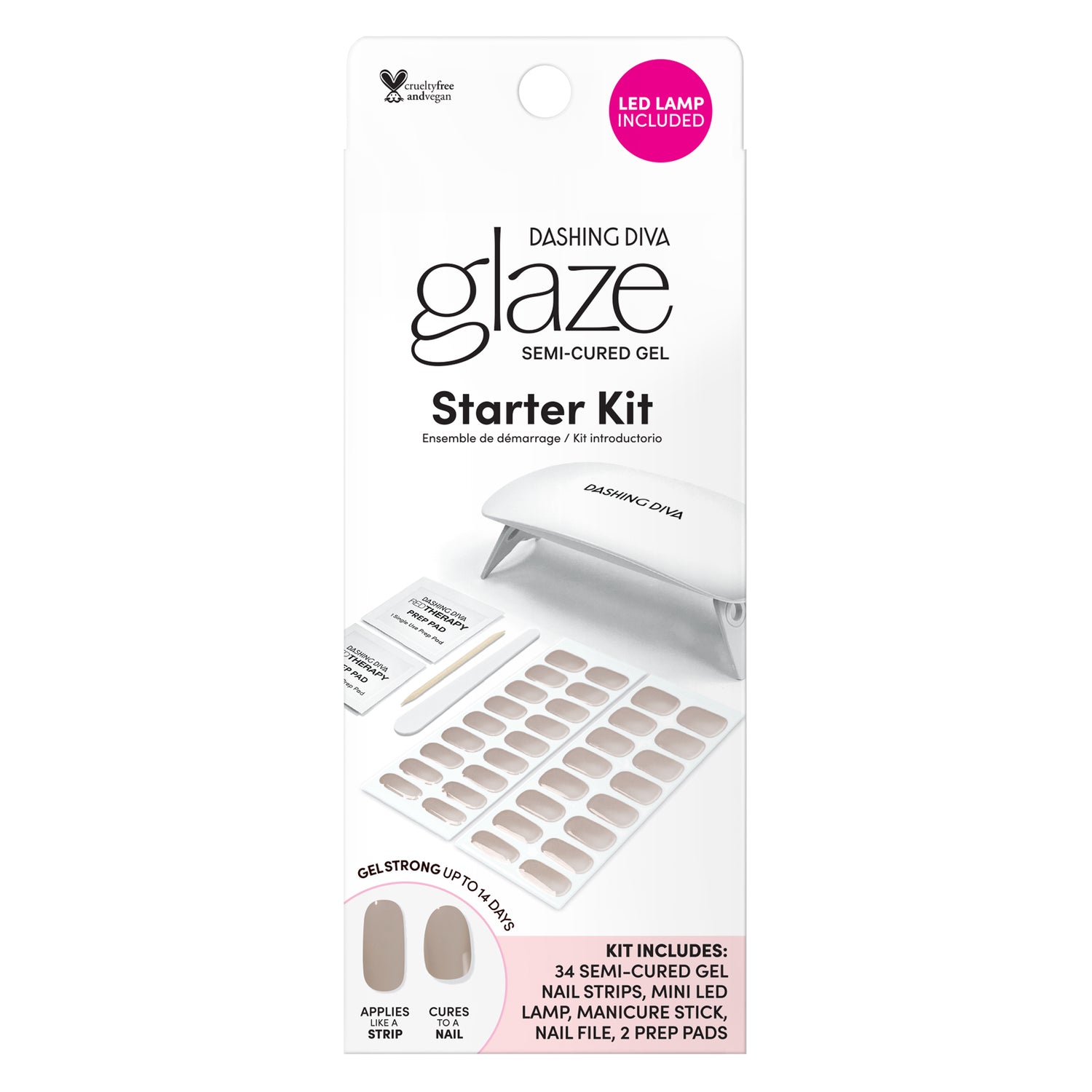 Dashing Diva GLAZE grey semi cured gel strips starter kit. LED mini lamp included.