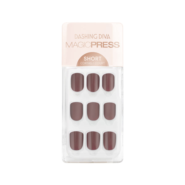 Dashing Diva MAGIC PRESS short, square, matte and glossy brown press-on gel nails.