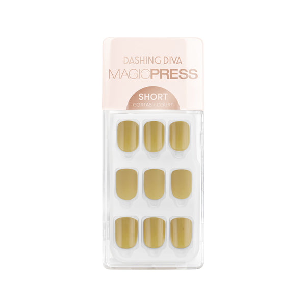 Dashing Diva MAGIC PRESS short square mustard yellow press on gel nails in matte & glossy finish.
