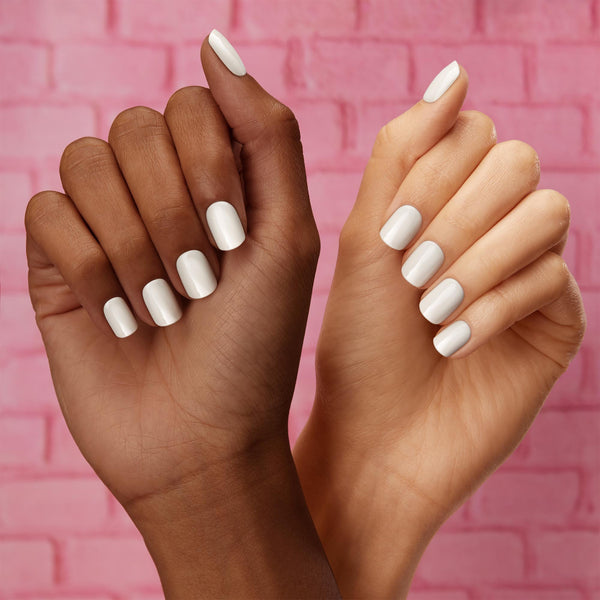 Short length, square shape, glossy finish milky white press-on gel nails.