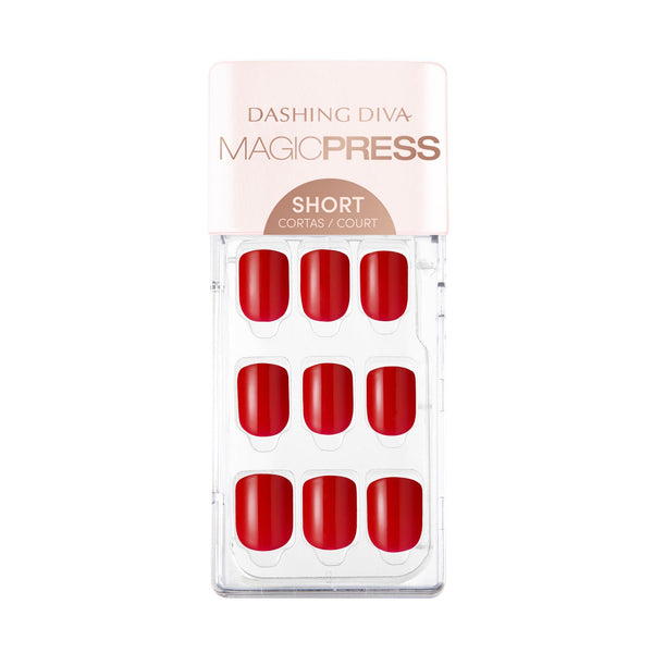 Dashing Diva MAGIC PRESS short, square, classic red press-on gel nails.