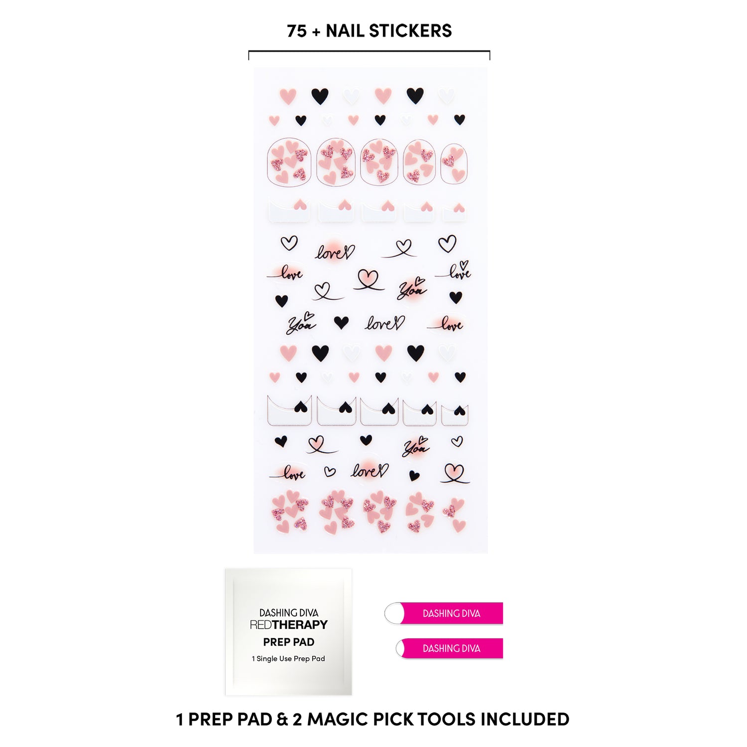 nail art stickers featuring expressive designs, including French tips with black and blush accents, glitter-filled hearts, and love notes. Prep pad, sticker applicator included