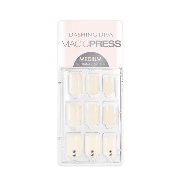 Dashing Diva MAGIC PRESS medium, square off-white press on gel nails with rhinestone accents.