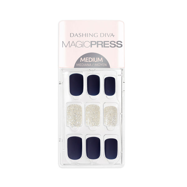 Dashing Diva MAGIC PRESS medium, square matte navy press on gel nails with off-white glitter nail accents.