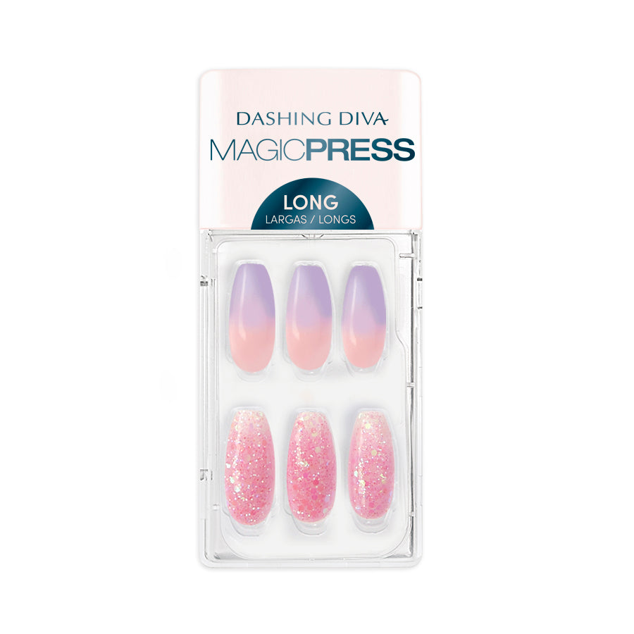 Dashing Diva MAGIC PRESS long coffin lavender and pink ombre nails with pink glitter accents.