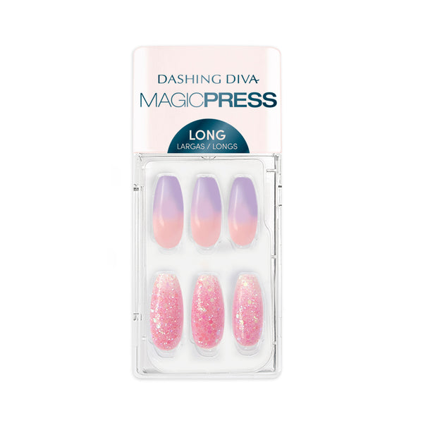 Dashing Diva MAGIC PRESS long coffin lavender and pink ombre nails with pink glitter accents.