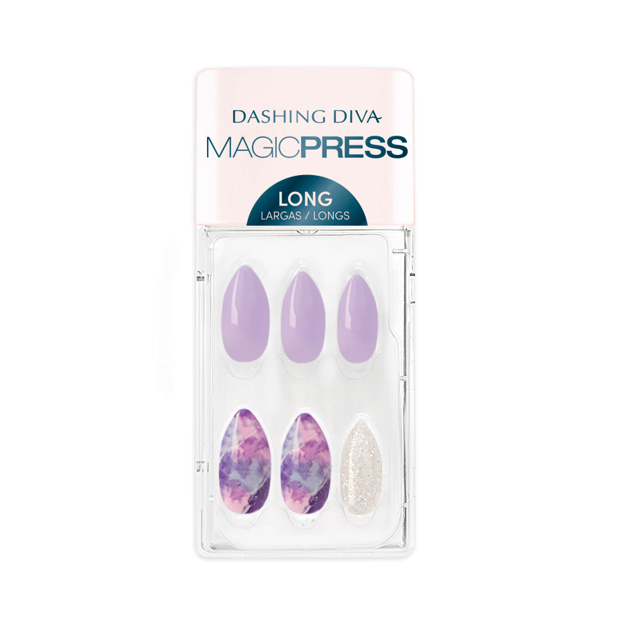 Dashing Diva MAGIC PRESS long, stiletto purple press on gel nails with marble and glitter accents.
