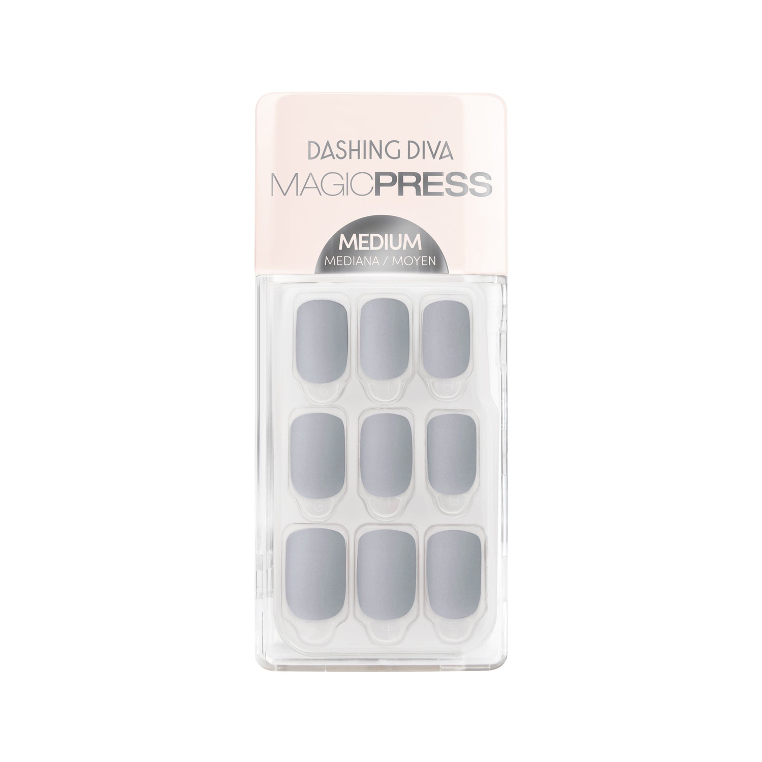 Dashing Diva MAGIC PRESS medium, square medium grey press on gel nails in matte finish.