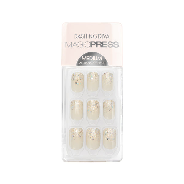 Dashing Diva MAGIC PRESS medium, square off-white press on gel nails with ombre glitter accents.