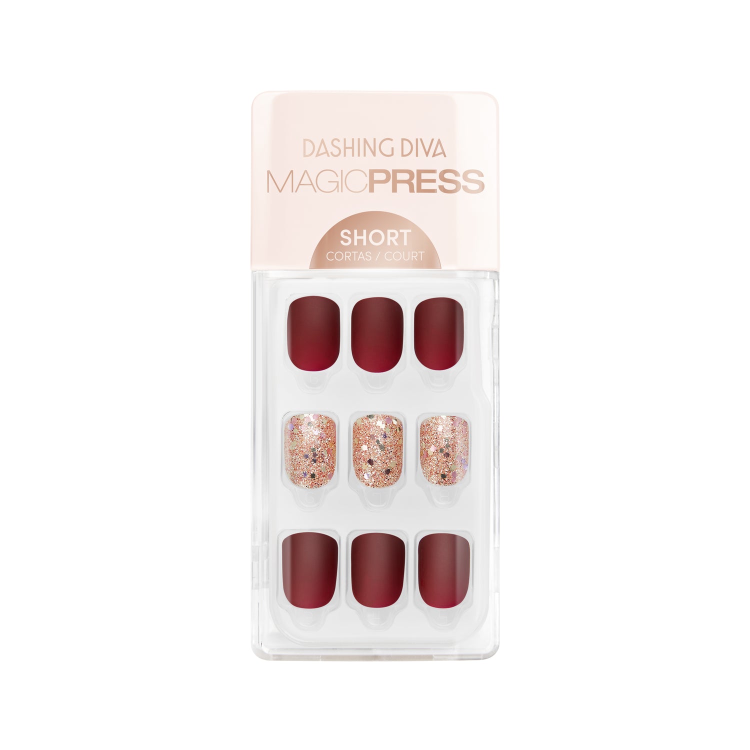 Dashing Diva MAGIC PRESS short, square deep red matte finish press on gel nails with chunky gold glitter accents.