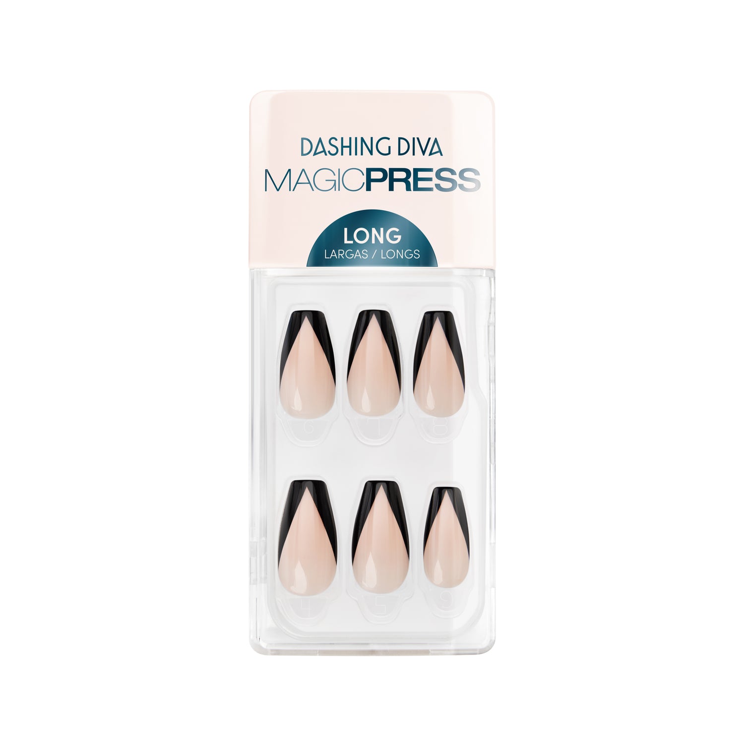 Dashing Diva MAGIC PRESS in a long coffin black V-shaped French tip gel press on in a long length in coffin shape with a glossy finish in gel nails