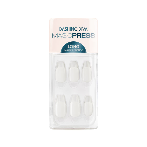 Dashing Diva MAGIC PRESS long, coffin white press on gel nails with clear french tip accents.