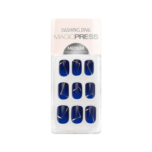 Dashing Diva MAGIC PRESS medium, square cobalt blue press on gel nails with gold metallic line accents.