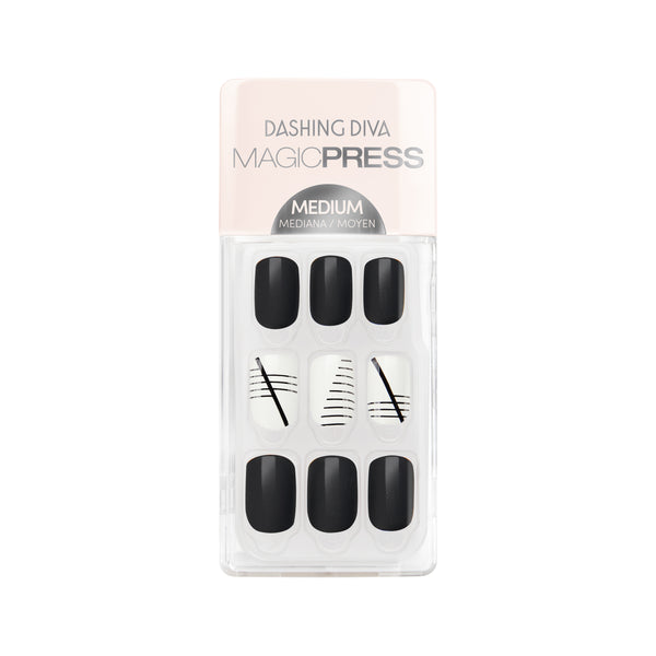 Dashing Diva MAGIC PRESS black and white press on gel nails with geometric line accents.