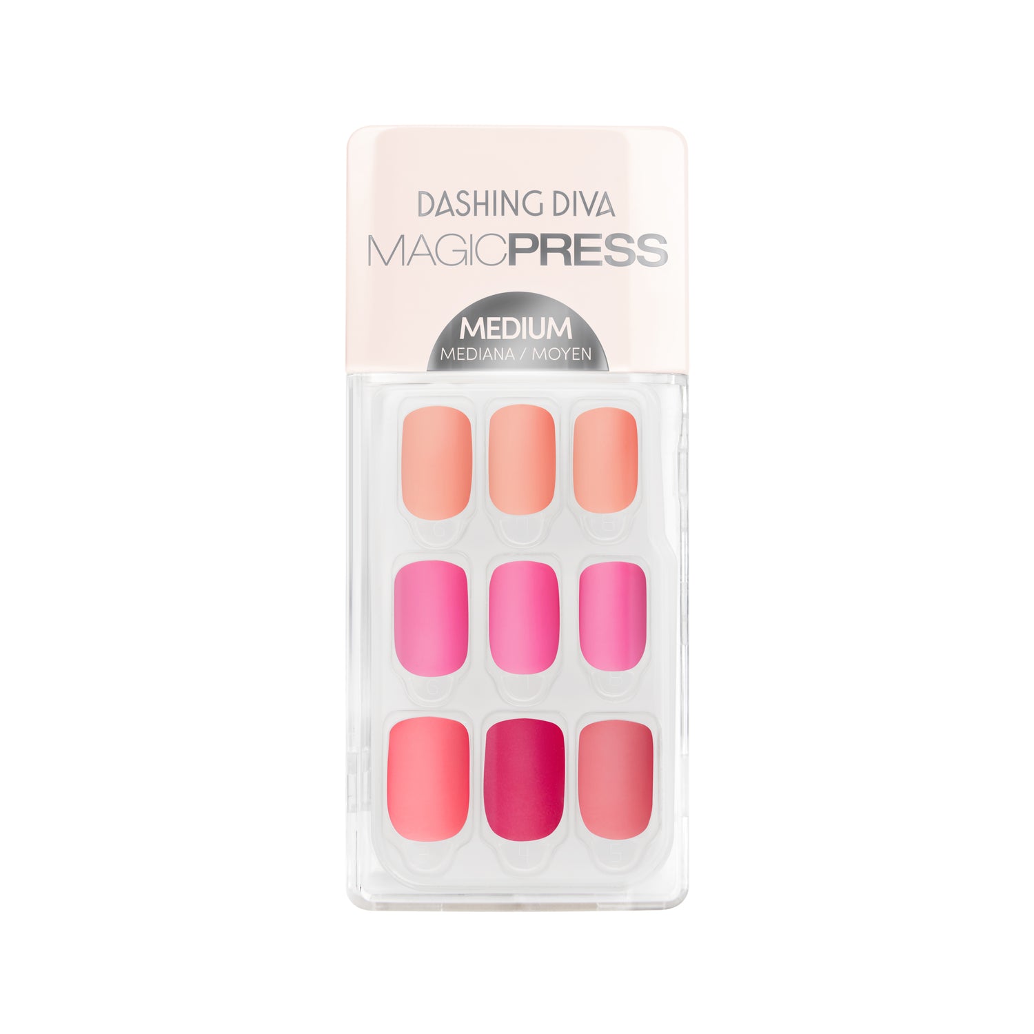 Dashing Diva MAGIC PRESS medium, square gradient pink press on gel nails in matte finish.
