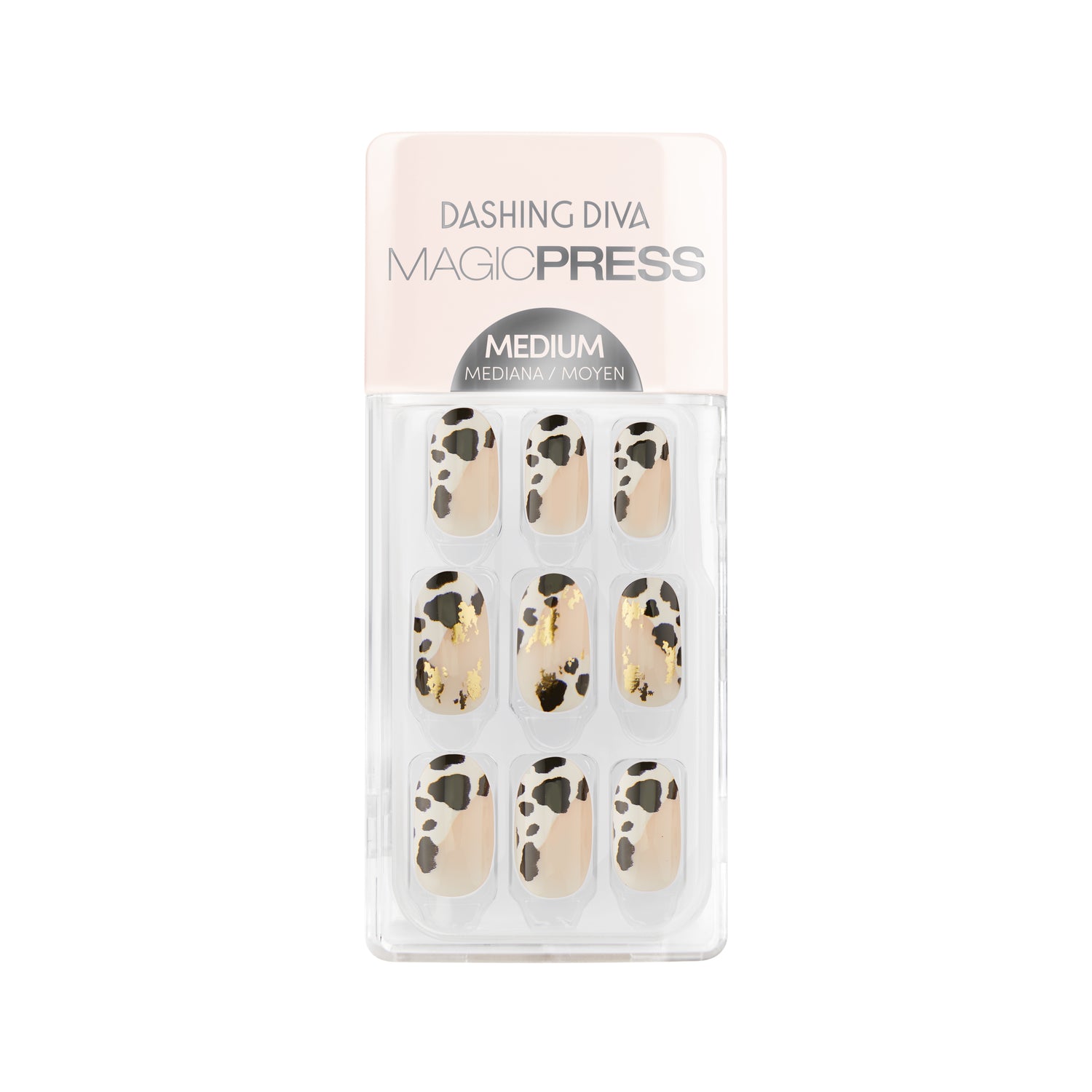 Dashing Diva MAGIC PRESS medium, oval cow print asymmetrical french nails with gold foil accents.