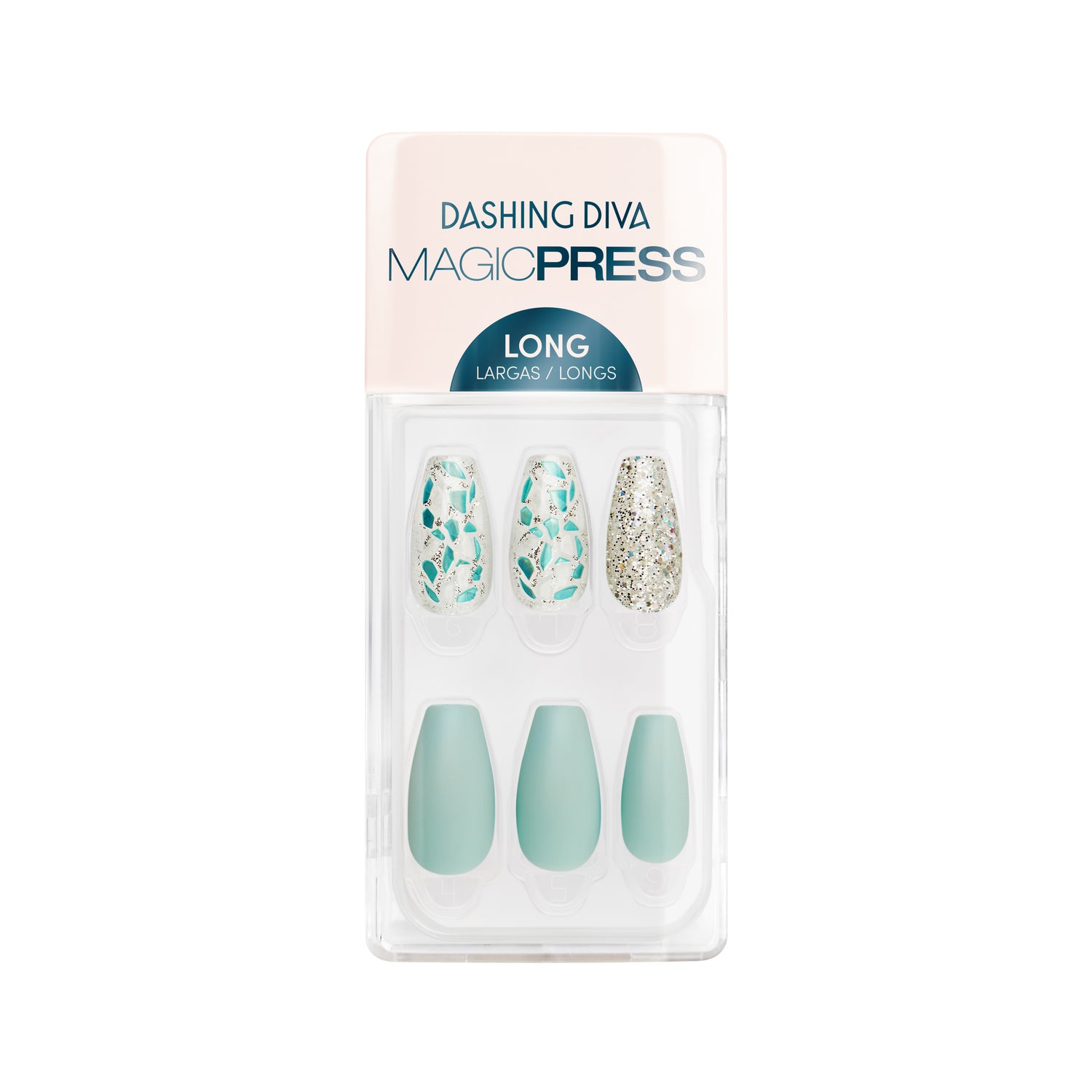 Dashing Diva MAGIC PRESS long, coffin seafoam green press on gel nails with mosaic and silver glitter accents.