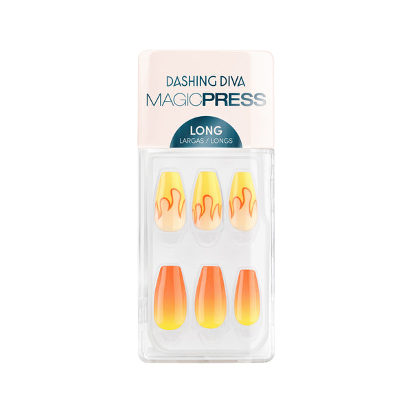 Dashing Diva MAGIC PRESS long, coffin orange and yellow press on gel nails with flame accents.