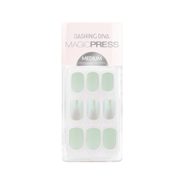 Dashing Diva MAGIC PRESS medium, square pastel green press on gel nails in matte finish with metallic accents.
