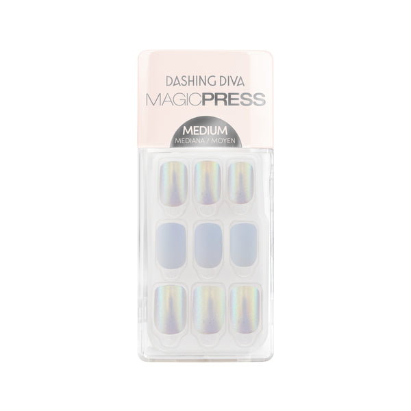 Dashing Diva MAGIC PRESS medium, square baby blue press on gel nails with matte & holographic finish.