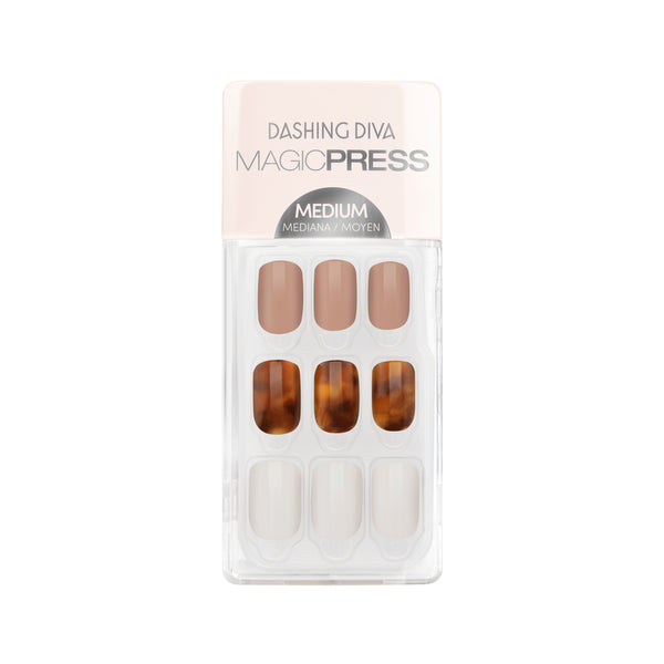 Dashing Diva MAGIC PRESS medium, square white and neutral press on gel nails with tortoiseshell accents.