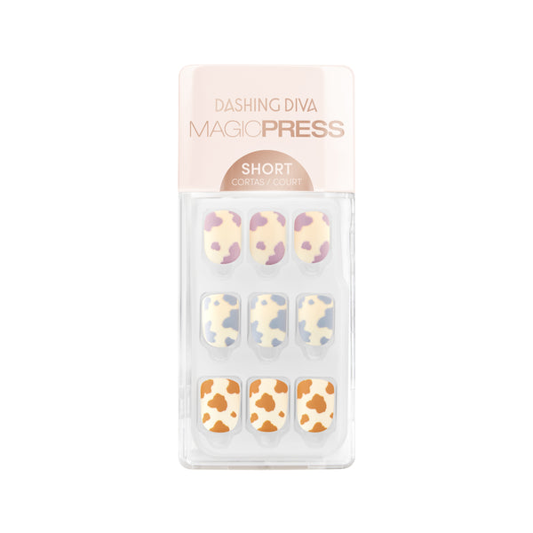 Dashing Diva MAGIC PRESS short, square matte cream press on gel nails with multicolor cow print accents.