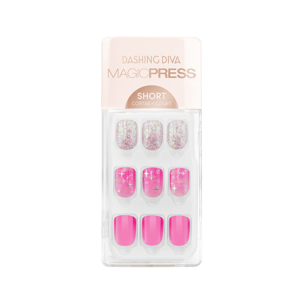 Dashing Diva MAGIC PRESS short length, square shape hot pink press on gel nails with white glitter and silver star accents.