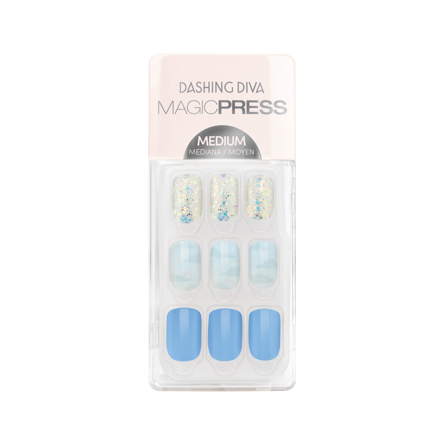 Dashing Diva MAGIC PRESS medium, square sky blue press on gel nails with cloud and iridescent glitter accents.