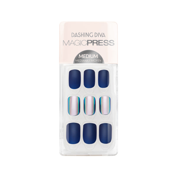 Dashing Diva MAGIC PRESS medium, square matte navy press on gel nails with holographic accents.