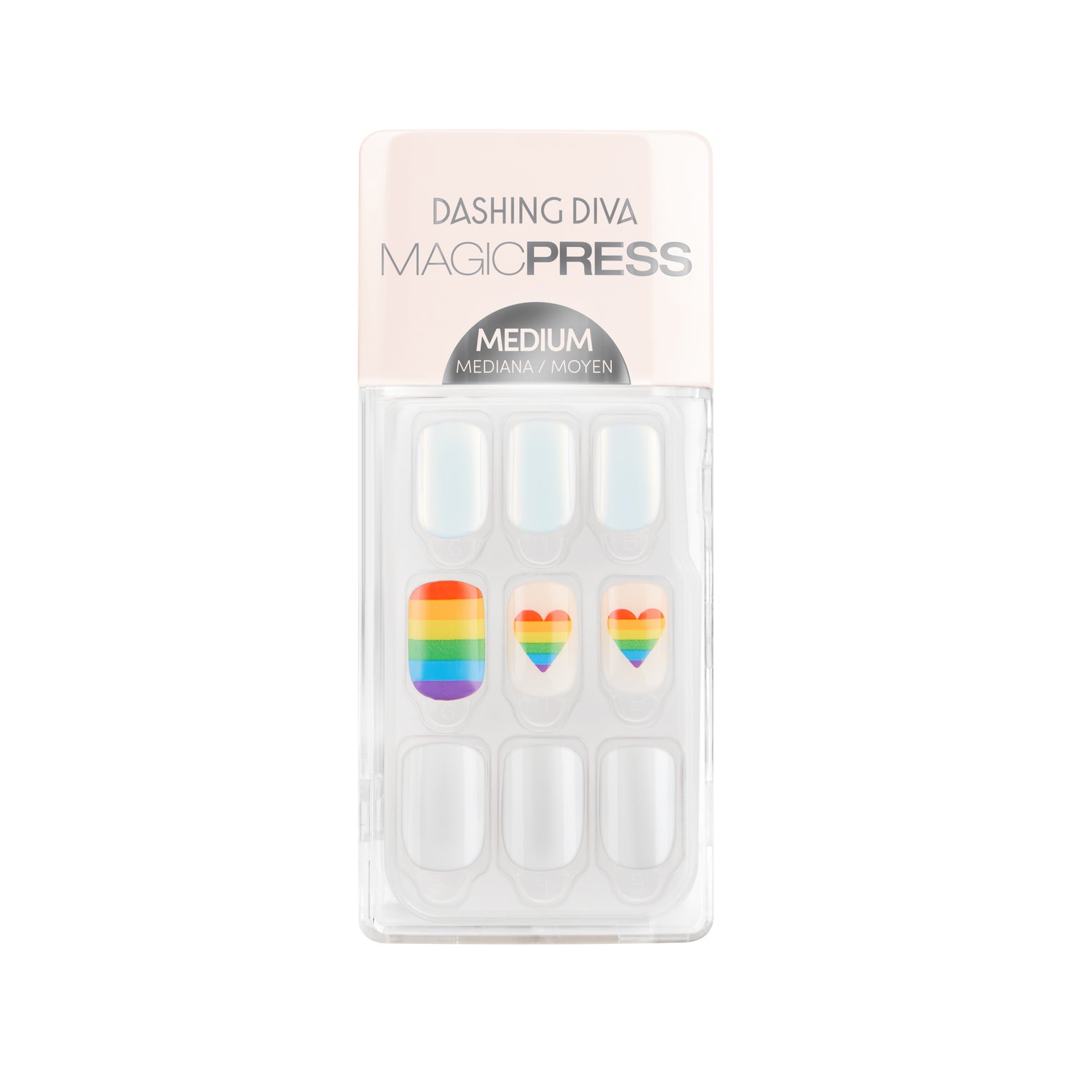 Dashing Diva MAGIC PRESS medium, square white press on gel nails with Pride rainbow heart accents.
