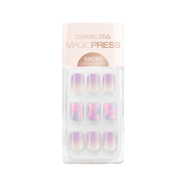 Dashing Diva MAGIC PRESS short, square lavender ombre press on gel nails with tie dye and glitter accents.