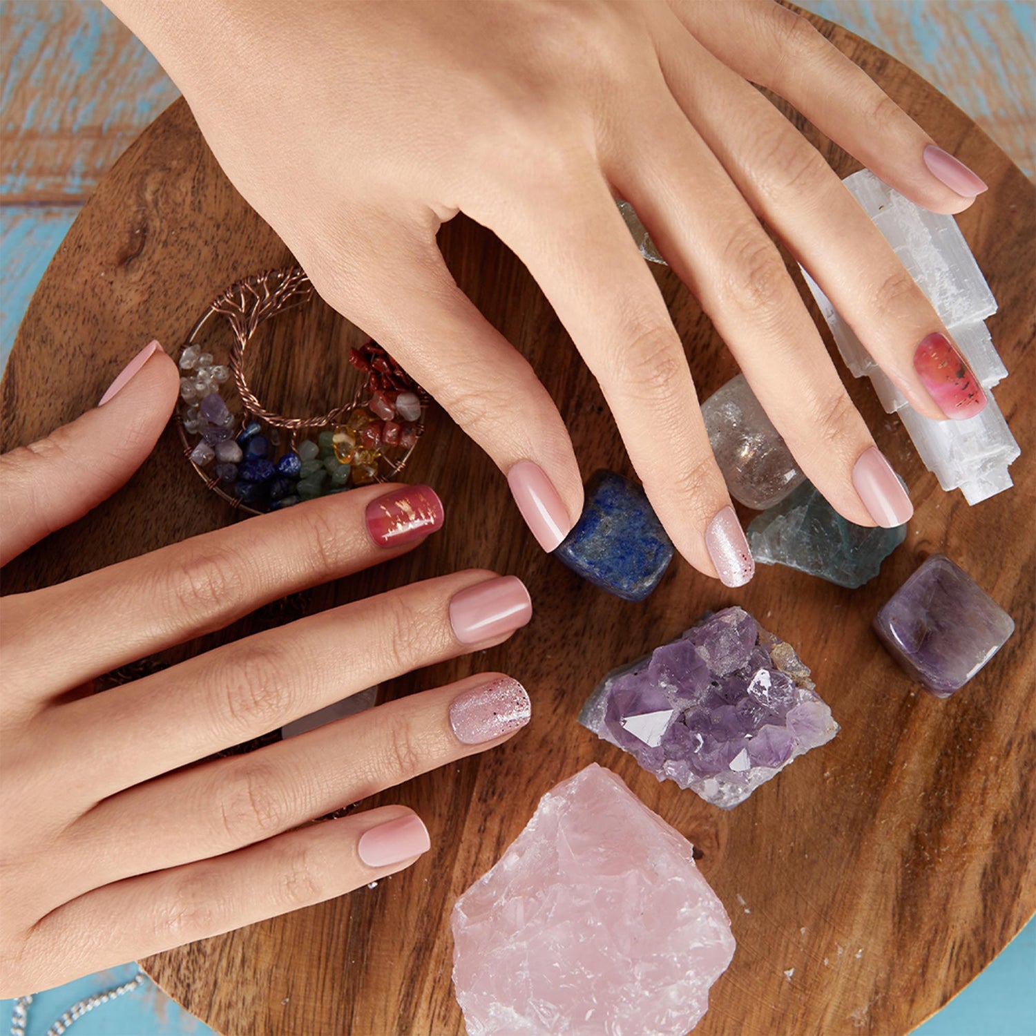 Medium length, square shape, glossy finish pink & nude pink press-on fake gel nails.