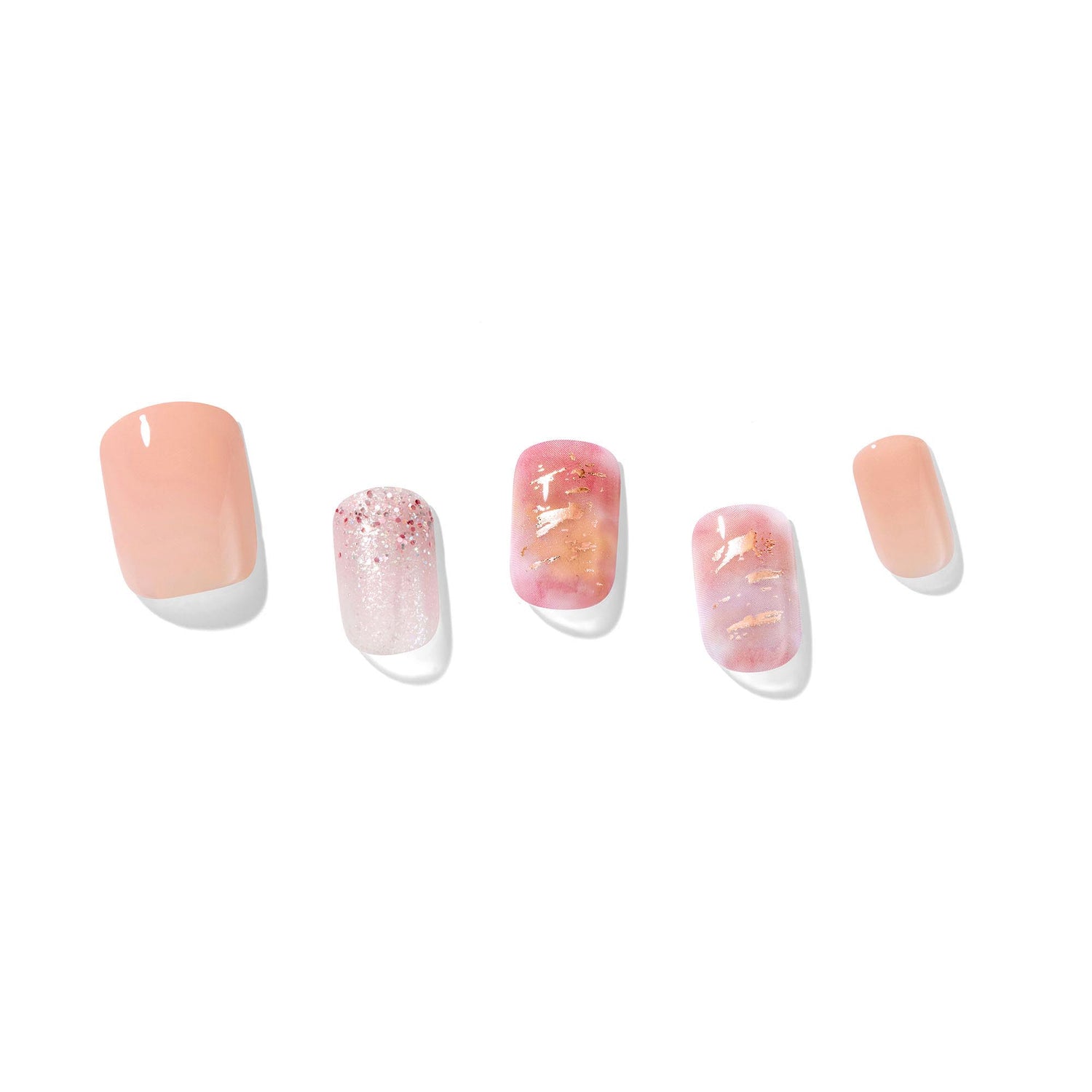 Medium length, square shape, glossy finish pink & nude pink artificial gel nails.