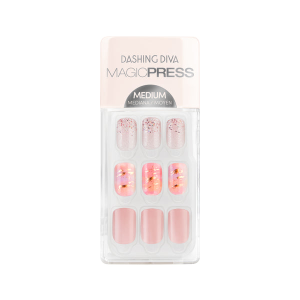 Dashing Diva MAGIC PRESS medium, square light pink press on gel nails with ombre, glitter, and metallic accents.