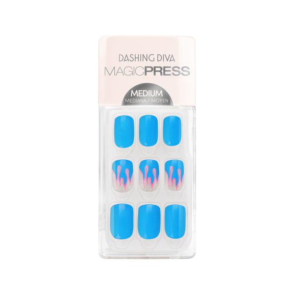 Dashing Diva MAGIC PRESS medium, square bright blue press on gel nails with white & pink flame accents.