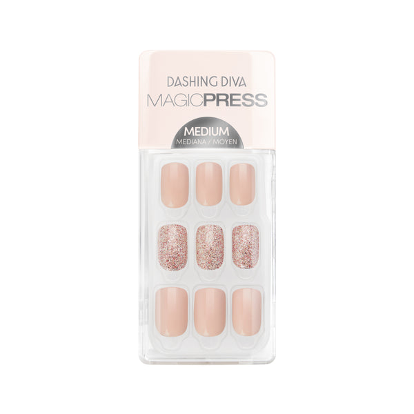 Dashing Diva medium, square peachy nude press on gel nails with rose gold glitter accents.
