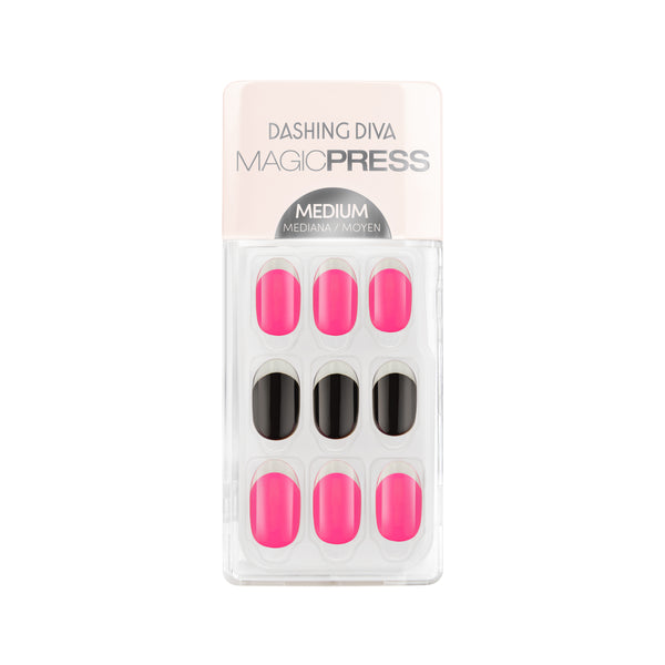 Dashing Diva MAGIC PRESS medium, oval hot pink and black press on gel nails with clear french tips.